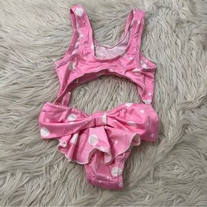 Vintage 90s Catalina Girls Pink Polka Dot Swimsuit One Piece Ruffle Bow Size 5